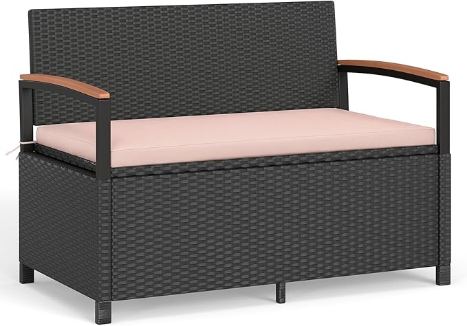 Tangkula 46 Gallon Outdoor Bench with Storage, Outdoor PE Rattan Storage Bench with Cushion, Backrest & Acacia Wood Armrests, Metal Frame, Waterproof Deck Box Seat for Porch Backyard Poolside TANGKULA