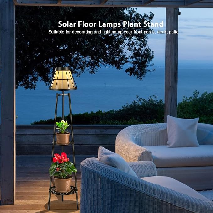 2 Pack 45.5'' Outdoor Floor Lamps with 2 Tier Plant Stand, Solar Powered Metal Waterproof Lights for Patio Deck Yard Garden Porch Decor VISFLAIR