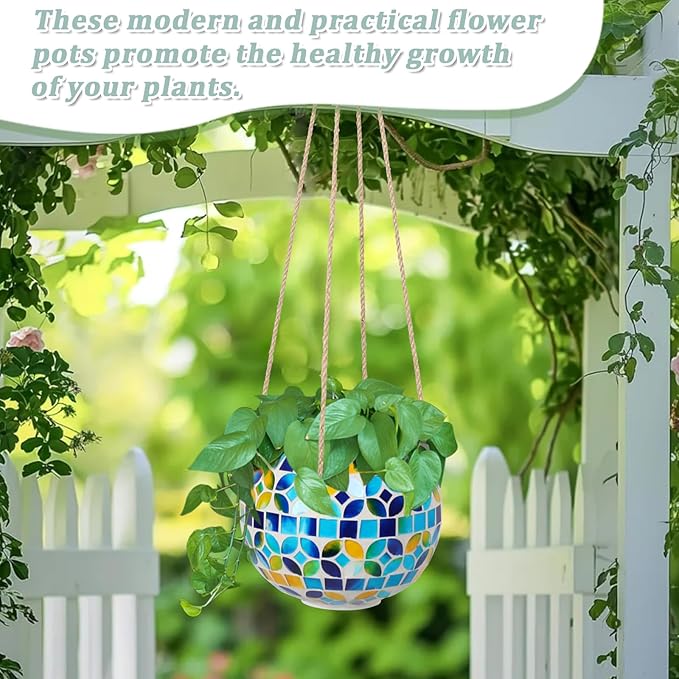 Ceramic Hanging Planter Mosaic Hanging Flower Pot Small Plant Pot for Indoor Plant Disco Ball Planter with Drainage Square Blue Chonsun