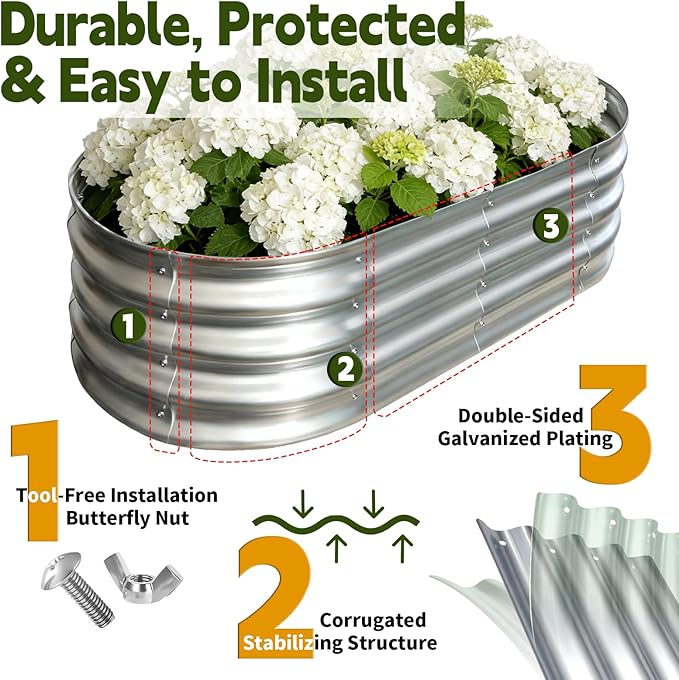 Galvanized Raised Garden Bed Outdoor, Large Raised Bed for Gardening, 2Pcs 4x2x1ft Oval Metal Planter Box for Vegetables, Fruits, Flowers, Silver VivaGarden