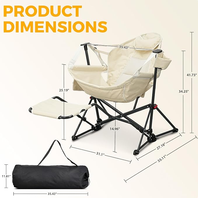 Ainfox Hammock Camping Chair with Footrest, Foldable Portable Rocking Chairs for Adults Outside Swinging Camp with Cup Holder Pillow for Outdoor Patio Poolside (Beige) Ainfox