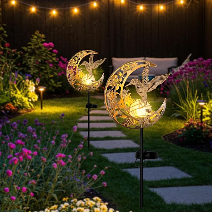 Solar Hummingbird Lights Outdoor Decor - Moon & Bird SolaGardenLights Waterproof, Auto On/Off Pathway Lighting for Yard/Lawn/Patio, Handcrafted Metal Solar-Stake-Lights for Outside Decorations ShangTianFeng