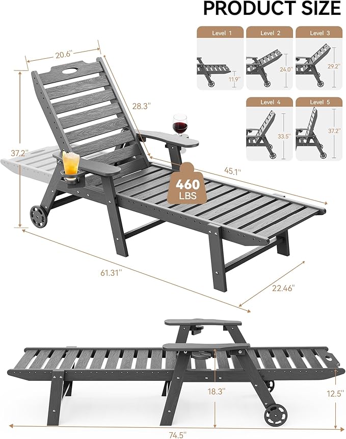 Carauci Lounge Chair Outdoor, HDPE Chaise Lounge with Wheels, 5-Position Adjustable Backrest & 2 Cup Holders Patio Lounge Chair, All-Weather Pool Sun Lounger for Poolside, Backyard, Grey Carauci