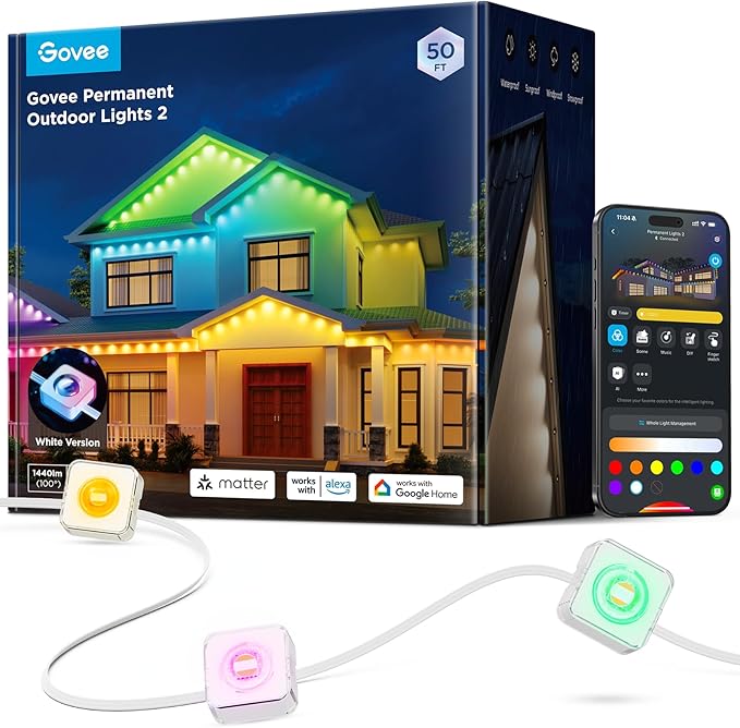 Govee Permanent Outdoor Lights 2, 50ft RGBIC Outdoor Lights with 36 LED Lights, IP67 Waterproof, 100 Scene Modes with 40lm White for Outdoor Decorations, Works with Alexa, Google Assistant, White Govee