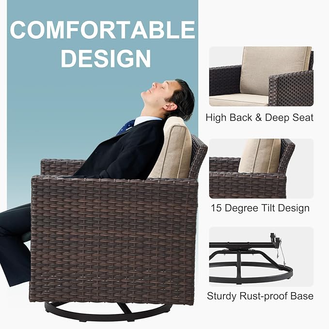 Belord Outdoor Bistro Set 3 Piece Wicker Swivel Rocker Patio Chairs, Oversize Outdoor Rattan Seating Set, Patio Swivel Glider Chairs Wicker Furniture with Metal Side Table for Porch Backyard, Brown Belord