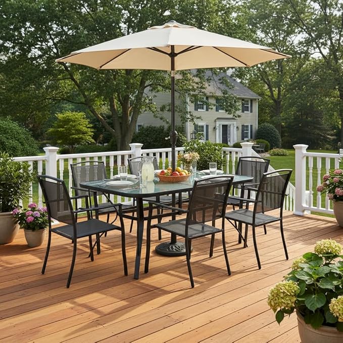 Tangkula 55" Patio Dining Table for 6, Rectangle Outdoor Dining Table with Tempered Glass Tabletop, Umbrella Hole & Metal Frame, 6-Person Outside Dining Table for Backyard, Lawn, Deck & Poolside TANGKULA