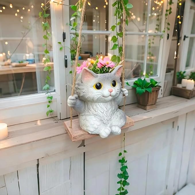 Cat Hanging Planters for Indoor Outdoor Plants, Small Cute Hanging Pots for Succulent, String of Pearls Plant, Resin Hanging Flower Pots with Drainage Hole, Unique Gift, Garden Home Decor Pyoimmne