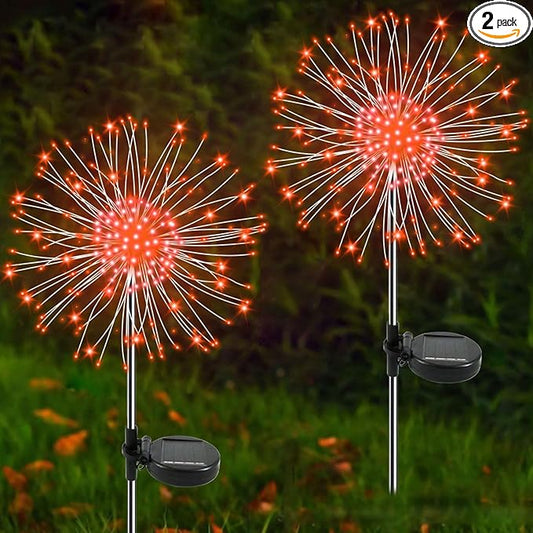 Solar Garden Lights Outdoor, 2 Pack 120 LED Twinkling Firework Lights Decorative with 2 Modes, Outdoor Waterproof Solar Starburst Light for Outside Yard Pathway Garden Decor, Orange Yaafen