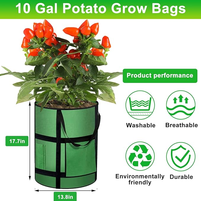 10 Gallon Potato Grow Bags with Viewing Window, 300G Nonwoven Garden Planting Pots, Heavy-Duty Surround Handles for Gardening Supplies (6Pack Grow Bags) Createagardenyoulove