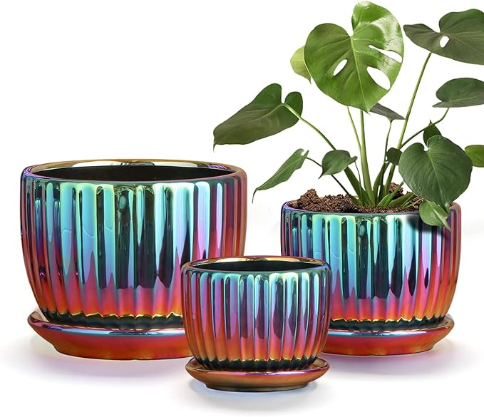 Ton Sin Flower Pots, Purple Ceramic Plant Pots Set of 3,Small Glazed Succulent Pots with Drainage Hole,Cactus Planter with Saucer,Outdoor Garden Pots (Colorful Gold) TonSin