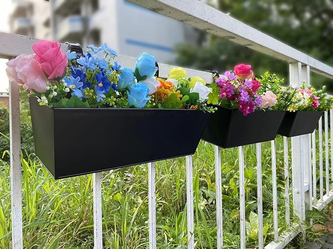 3 Pcs Large Hanging Flower Pots for Railing or Fence 16 Inch Railing Planter Box for Any Balcony Porch or Deck Countryside Style Window Planter Boxes Are Perfect to Herbs & Flowers (Black-5pcs) JFMAMJ