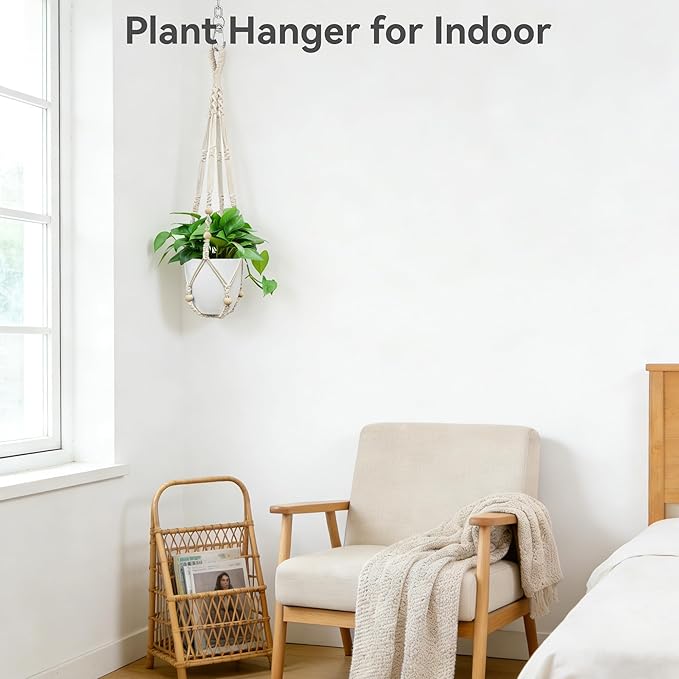 USLAI Macrame Plant Hanger Indoor Outdoor, Fits 4 to 15 Inch Pots, Strong Hanging Planter Holder, Boho Home Decor, 35 Inch, Ivory, Set of 3 (POTS NOT Included) USLAI