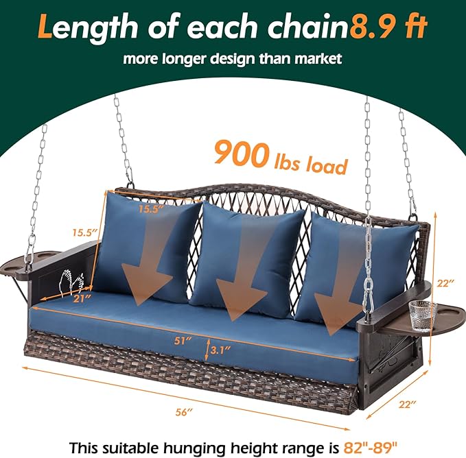 Upgraded Wicker Hanging Porch Swing Heavy Duty 900 LBS 3-Seat Outdoor Patio Swing Chair Bench for Adult w/ 8.9ft Hanging Chains Cushions and Cup Holder zzw