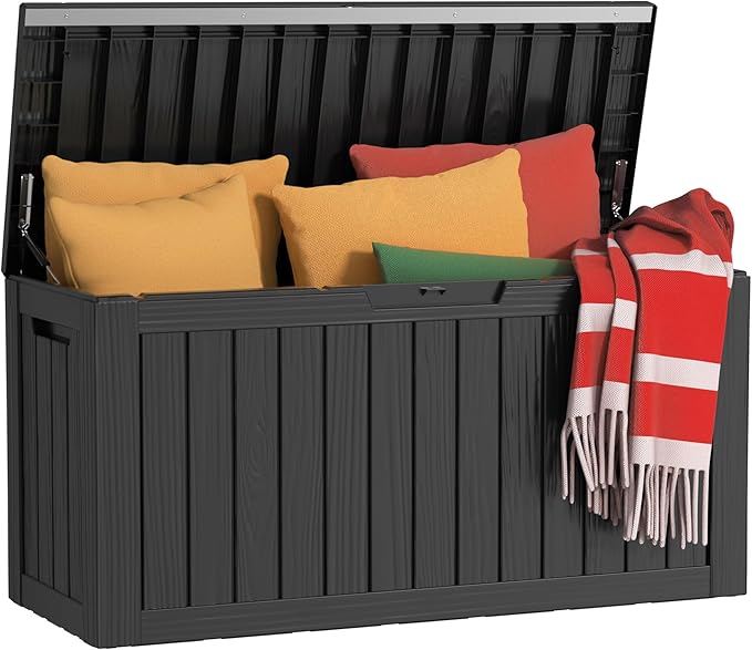 80 Gallon Outdoor Deck Box, Lockable Waterproof Outdoor Storage Boxes For Garden Tools,Indoor Cushions,Accessories Outside Storage Resin Weatherproof Container(Black) MAIUSCOLI