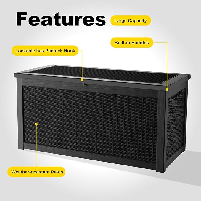 320 Gallon Outdoor Storage Box,Large Waterproof UV Resistant Deck Box,Lockable Storage Container for Patio Furniture Cushions Garden Tools and Pool Accessories(Black) Rootora