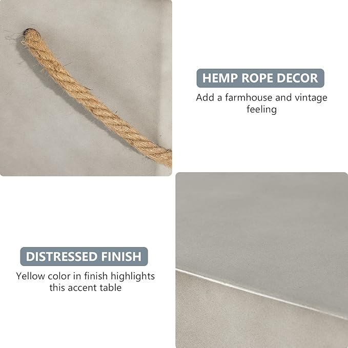COSIEST Concrete Side Table, Rectangular Outdoor Side Table w Hemp Rope Handles,15''Patio Side Tables End Table, Outdoor Accent Coffe Table for Garden and Patio, Grey COSIEST
