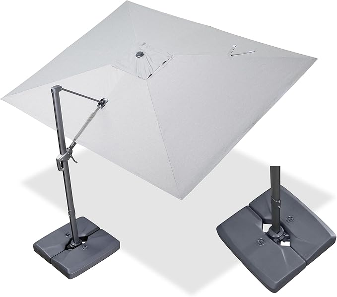 PURPLE LEAF 9' X 11.5' Rectangle Cantilever Umbrella with Base Outdoor Large Aluminum Patio Umbrella with 3-Year Fade Resistance Recycled Fabric and 360-degree Rotation for Deck Garden, Pebble Grey Rootora