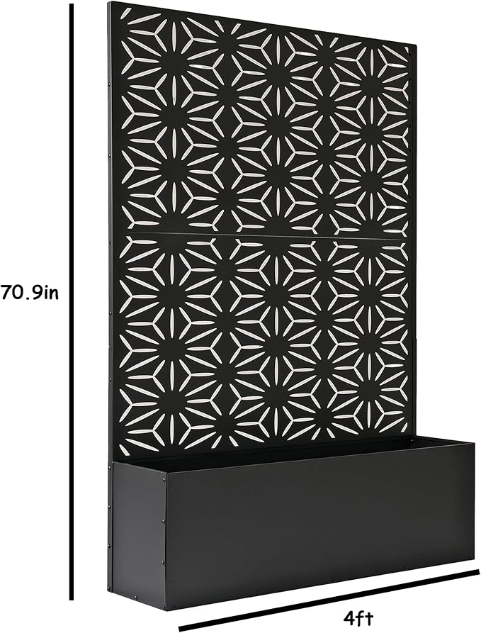 Oakland Living 6 ft. X 4 ft. Black Freestanding Metal Privacy Screen Room Divider with Flower Box Oakland+Living