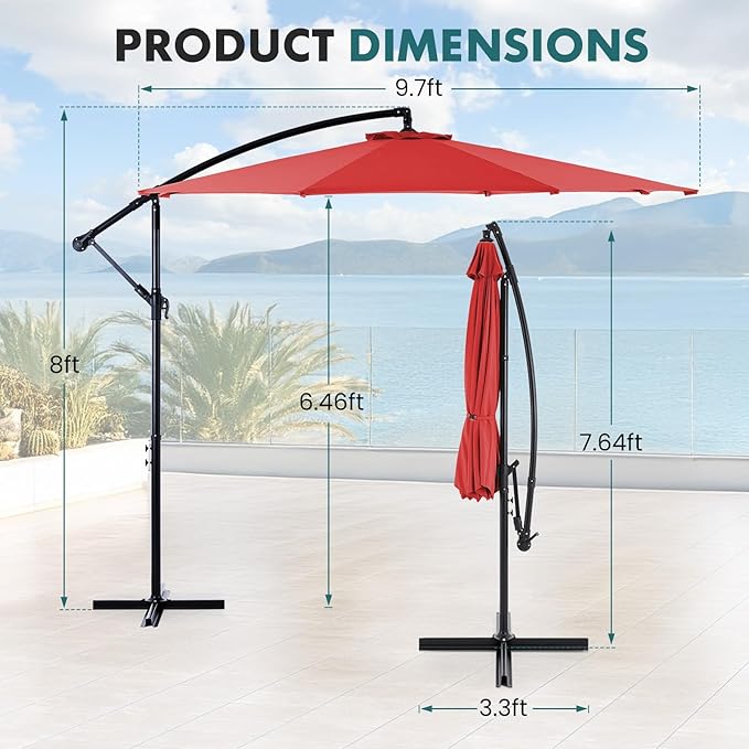 OLIXIS Offset Patio Umbrella, 9.7FT Cantilever Table Umbrellas for Outdoor Sun Shade UV Protection with Easy Tilt Adjustment, 8 Ribs for Backyard, Lawn, Garden, Pool - Red OLIXIS