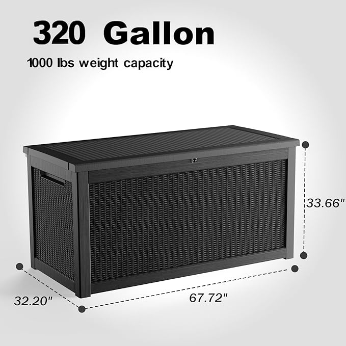 320 Gallon Resin Deck Box, Lockable Weatherproof Outdoor Storage Box for Furniture, Garden Tools and Tools Storage, Waterproof Outside Storage Boxes - Black OutdoorLivingPerfected