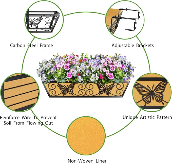 4 Pack 24 Inch Window Boxes Planters Railing Planter Box with Adjustable Brackets for Porch Fence Patio Balcony Hanging Flower Baskets with Woven Fabric for Outdoor Garden Decor - Black KarlliuHOMEGARDEN