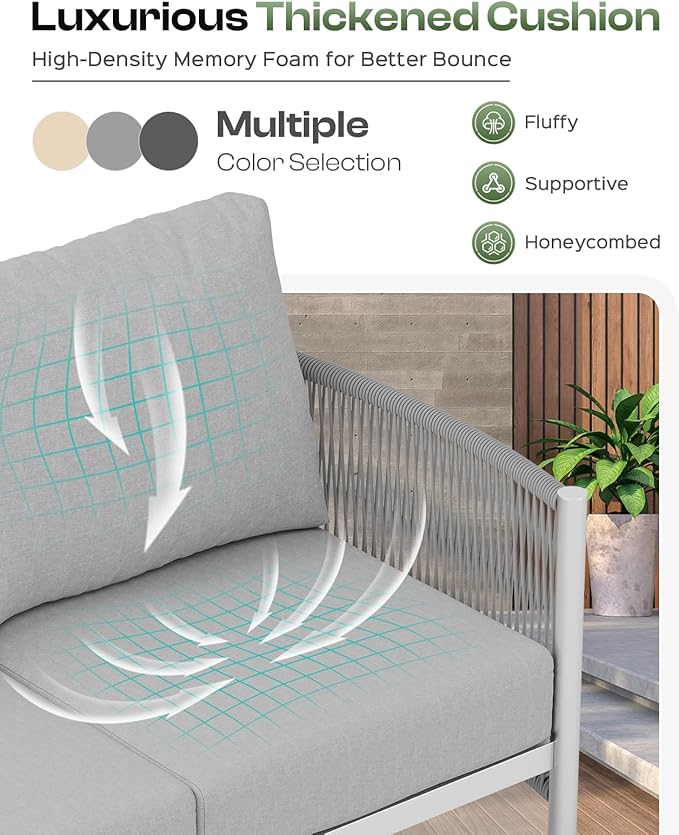 Aluminum Outdoor Patio Couch Loveseat, HDPE Rope Patio Sofa with Washable Thick Cushion, All-Weather Patio Furniture for Balcony, Yard, Silver Frame, Silver Oasbira