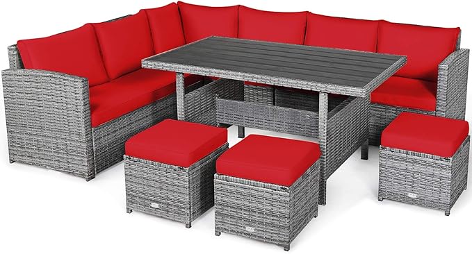 Tangkula 7 Pieces Patio Furniture Set, Outdoor Sectional Rattan Sofa Set with Cushions, All Weather Wicker Conversation Couch Set w/Dining Table & Ottomans for Backyard Garden Poolside TANGKULA