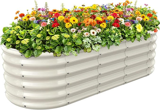 17" Tall Outdoor Garden Raised Garden Bed Kits, 5ft X 2ft Oval,0.8MM Thick Metal Raised Planter Bed/Ground Planter Box for Variety of Flowers,Herbs,Vegetables (Cream White, 60X24X16.5 Inches) YSEJOMP