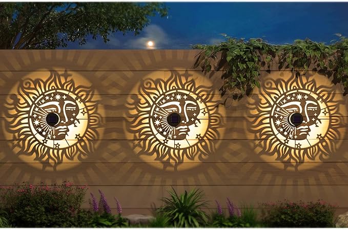 4 Pack Solar Fence Lights Metal Solar Powered Outdoor Wall Deck Step Lights Sun Moon Theme Waterproof Fence Light for Garden Post Patio Backyard Yard Decor, Gardening Gifts for Women Mom Grandma gardencave