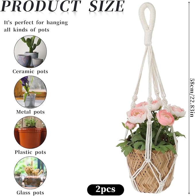 2 PCS Macrame Plant Hanger Indoor Hanging Plant Holder Hand-Woven Cotton Rope Flower Pot Basket with Metal Hook Rings Window Plant Hanger for Outdoor Hanging Pots Home Boho Decor, No Tassels, 23.6" Sliverdew