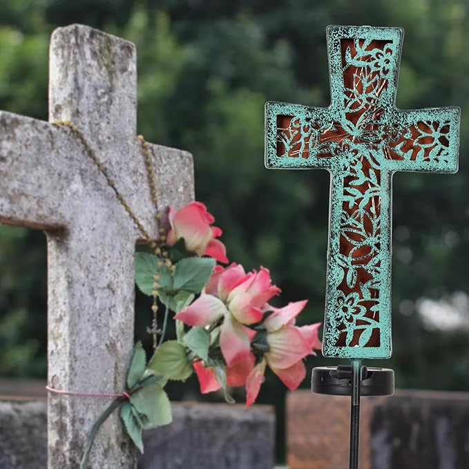 Solar Cross Garden Stake Lights 38inch Outdoor Waterproof Memorial Garden Decor 2 Lighting Modes Cemetery Decorations for Grave for Remembrance Gifts & Sympathy Gifts (Blue Cross) HUYIENO