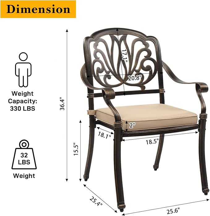 VINGLI 7 Pieces Outdoor Dining Set, Cast Aluminium All-Weather Patio Dining Set for 6 with Umbrella Hole, Outdoor Dining Table and Chairs with Cushion for Yard, Garden, Porch and Poolside, Bronze VINGLI