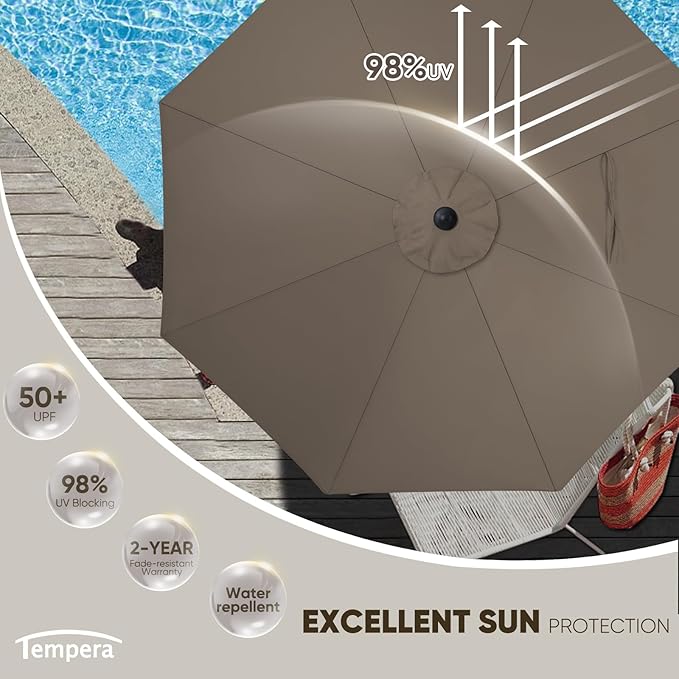 Tempera Patio Market Outdoor Table Umbrella with Auto Tilt and Crank, Large Sun Umbrella with Sturdy Pole & Fade Resistant Canopy, Easy to Set TemperaPatioLife