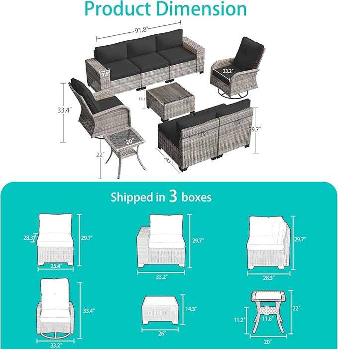 9-Piece Outdoor Patio Furniture Set with Rocking Swivel Chair Wicker Sectional Sofa Set, Patio Conversation Set with Thickened Cushions & Coffee Table for Garden, Backyard, Dark Grey MuphyersPatioFurniture
