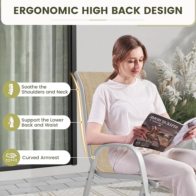 UDPATIO Patio Chairs Set of 4, Stackable Silver Outdoor Dining Chairs with High Back, Breathable Outdoor Chair Textilene Fabric All Weather, 350LBS Capacity for Garden, Backyard (Beige) UDPATIO