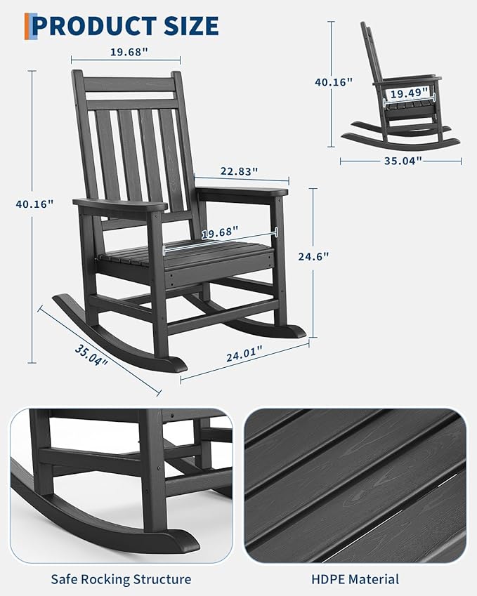 GarveeLife Poly Lumber Rocking Chair Outdoor Set of 4 - HDPE High Back Porch Rocker Chairs for Adults - All Weather Resistant Furniture for Patio - Black GarveeLife
