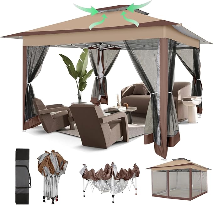 COBIZI 12x12 Pop Up Gazebo On Clearance Canopy Tent- Upgrade Metal Outdoor Canopy Waterproof - Portable Gazebo with Mosquito Nettings, 4 Ropes 8 Stakes and Carry Bag for Patio Garden(Coffee) COBIZI
