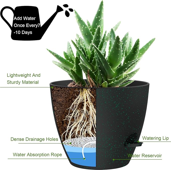 12 Inch Large Self Watering Pots, Flower Pots with Multi-Mesh Drainage Holes and Saucer, Planters for Indoor and Outdoor Garden Plants (Black with Green Speckles) Rootora