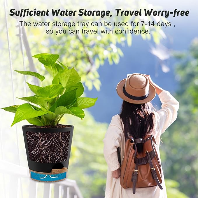 8-Inch Plant Pots, Self-Watering Planters with Drainage Holes & Saucers for Indoor and Outdoor Plants (2-Pack,Black) AFamilyofGardenLovers