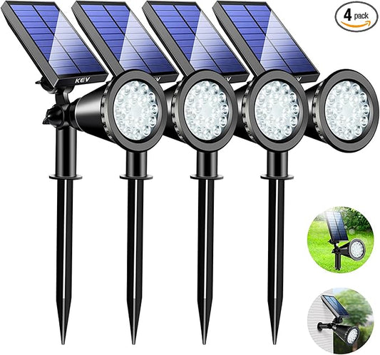 KEV 800 Lumens Solar Spot Lights Outdoor,18 LEDs Solar Flood Lights with 2 Modes &Adjustable &IPX65 Waterproof,Solar Spotlight for Driveway/Backyard/Patio Landscape/Tree/Garage(Cool White, 4 Pack) KEV