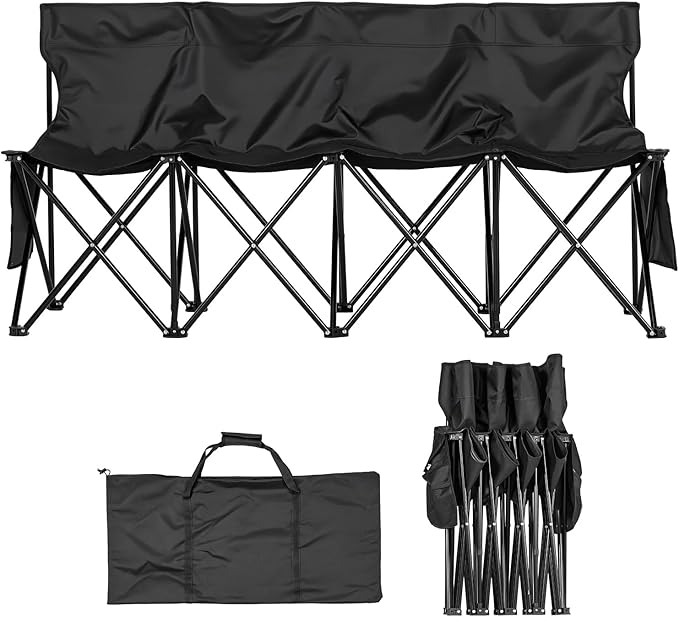 VEVOR Portable Folding Bench, 4 Seat Foldable Soccer Bench with Side Pockets and Carrying Bag, Lightweight Sideline Seating with Back Rest for Football, Baseball, Camping, Outdoor Events, Black VEVOR