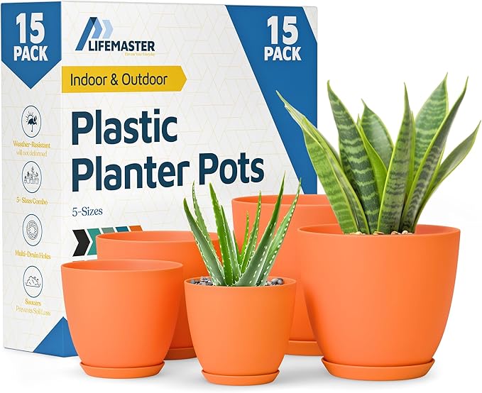 Yellow Plant Pots with Drainage Holes & Saucers 15 Pack, Indoor & Outdoor Stackable Space-Saving Planters for Houseplants & Flowers, (7", 6.7", 6", 5.3", and 4.8" Inches), Durable & Weatherproof LIFEMASTER
