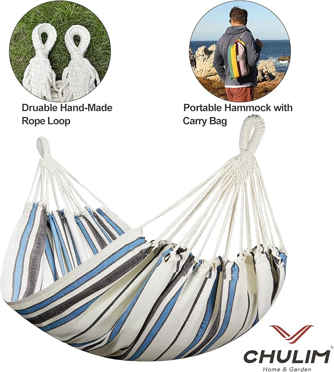Brazilian Double Hammock with Tree Straps,Extra Large 94x63IN,2 Persons Hammock for Backyard Patio Outdoor and Indoor,450lbs Weight Capacity,Soft Woven Cotton Fabric - Blue Stripe CHULIM