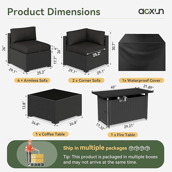 Aoxun 8 Piece Patio Furniture Set with 44” Fire Pit Table, Wicker Rattan Patio Sectional Sofa, Outdoor Furniture Set with Thickened Cushion, Black Aoxun