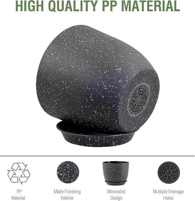 12 inch Big Plant Pots, Plastic Planters with Drainage Holes and Trays, Large Flower Pots for Indoor Outdoor Plants, Modern Decorative Pots for Garden House Plants, Speckled Black Meowell