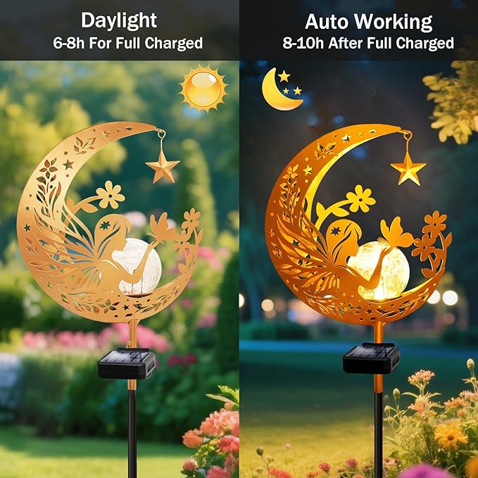 YJFWAL Garden Solar Fairy Lights Pathway Stake Lights Glass Globe with Moon Cat Decor, Christmas Gift for Mom Grandma Friends, Outdoor Decor Light Waterproof for Walkway, Patio or Garden (Warm White) YJFWAL