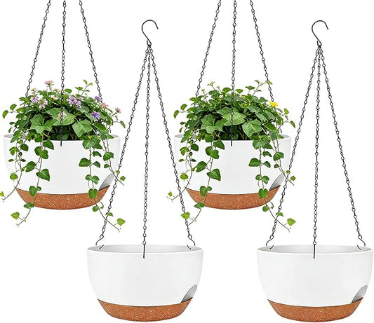 Set of 4-8 Inch Self Watering Hanging Planters for Indoor Outdoor，Hanging Plant Pots with Drainage & Removable Tray, Hanging Pots Holder for Ivy, Pothos, Ferns, Balcony & Patio, White Brown zople