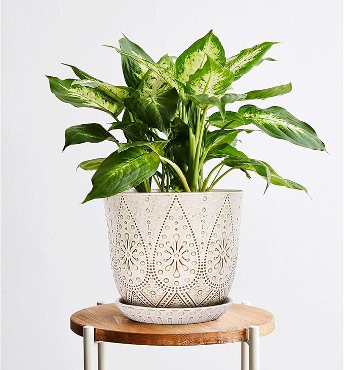 Gepege 8 Inch Plant Pot, Creamy White Ceramic Planter with Drainage Holes and Saucers for Plants Indoor and Outdoor Flower Pot Gepege