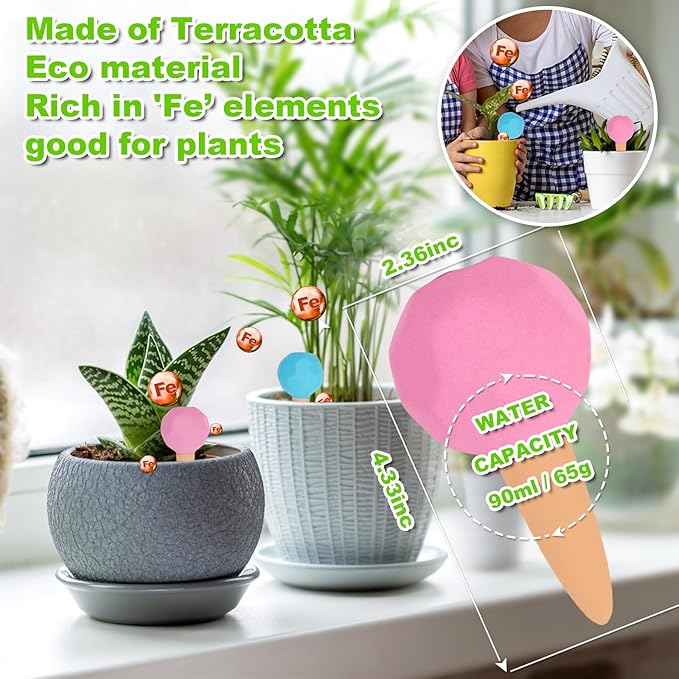 4-Pack Terracotta Self-Watering Spikes | Eco-Friendly Iron-Rich Clay Olla Irrigation System | Vacation Plant Sitter for Potted Flowers, Herbs, and Succulents Tuzinano