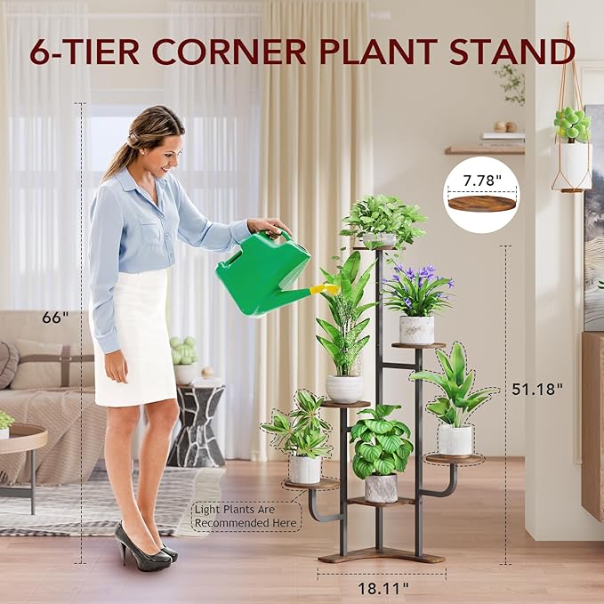 Corner Plant Stand with Grow Light - 6 Tier Plant Stand Indoor Round Metal Plant Shelf with Adjustable Light, Plant Organizer for Living Room, Graden, Home Decor (Brown) Homsorout